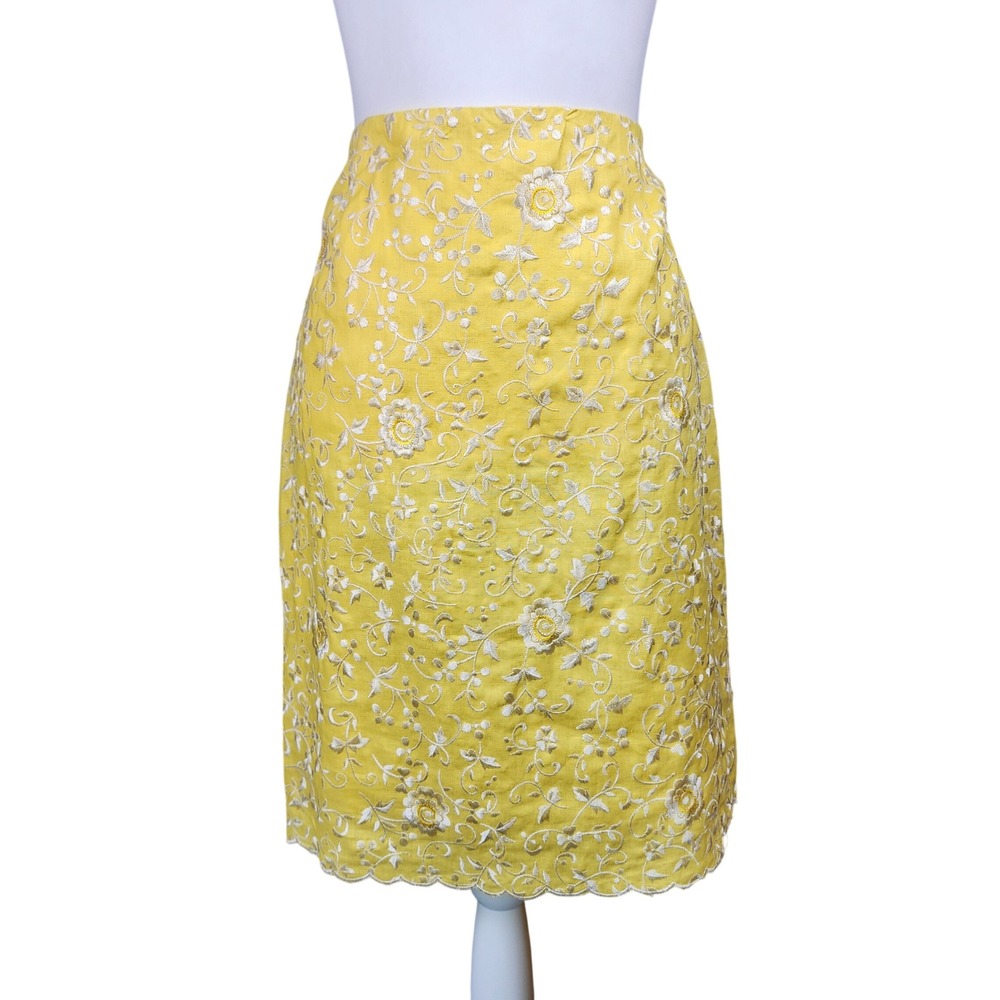 ABR‎ New York Linen Pencil Skirt Womens 12 Yellow Embroidered Floral Casual Work